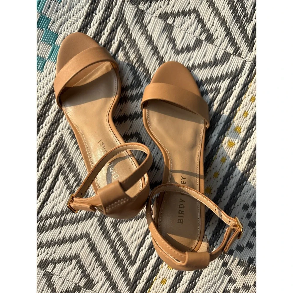 Birdy Grey Tan Ankle Strap Block Heel Sandals Womens 7.5 Neutral Wedding Guest